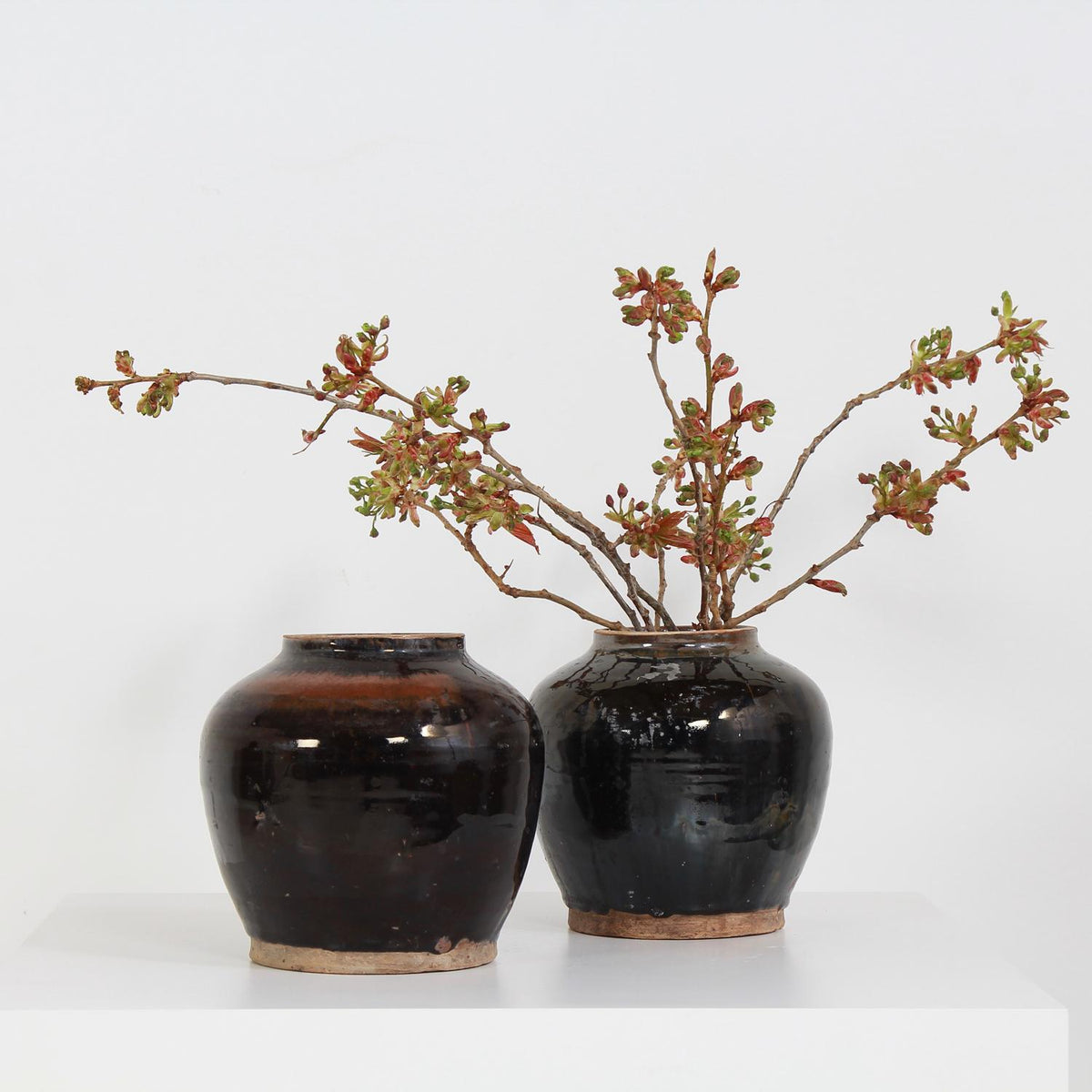 Collection of Two Handmade Chinese  Black Glazed Pottery Jars
