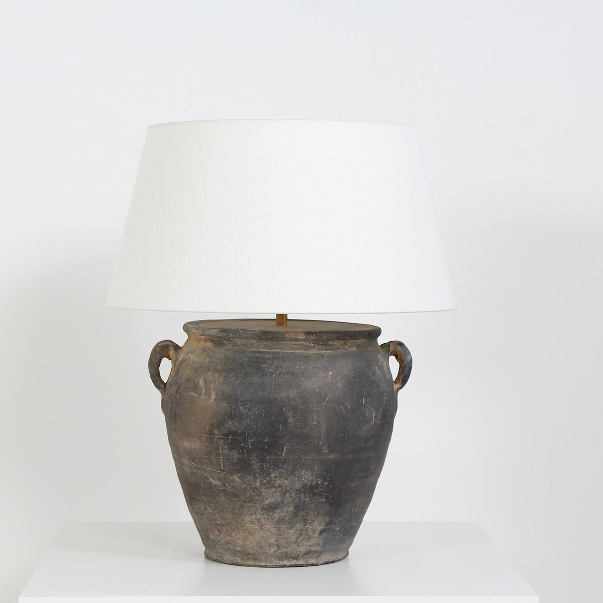 Chinese Storage Jar Converted Lamp with Natural Linen Shade