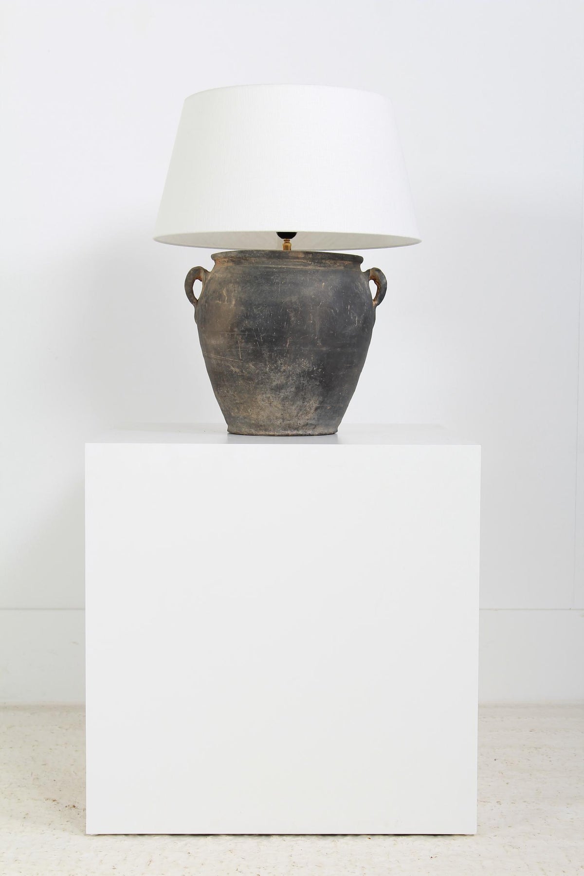 Chinese Storage Jar Converted Lamp with Natural Linen Shade