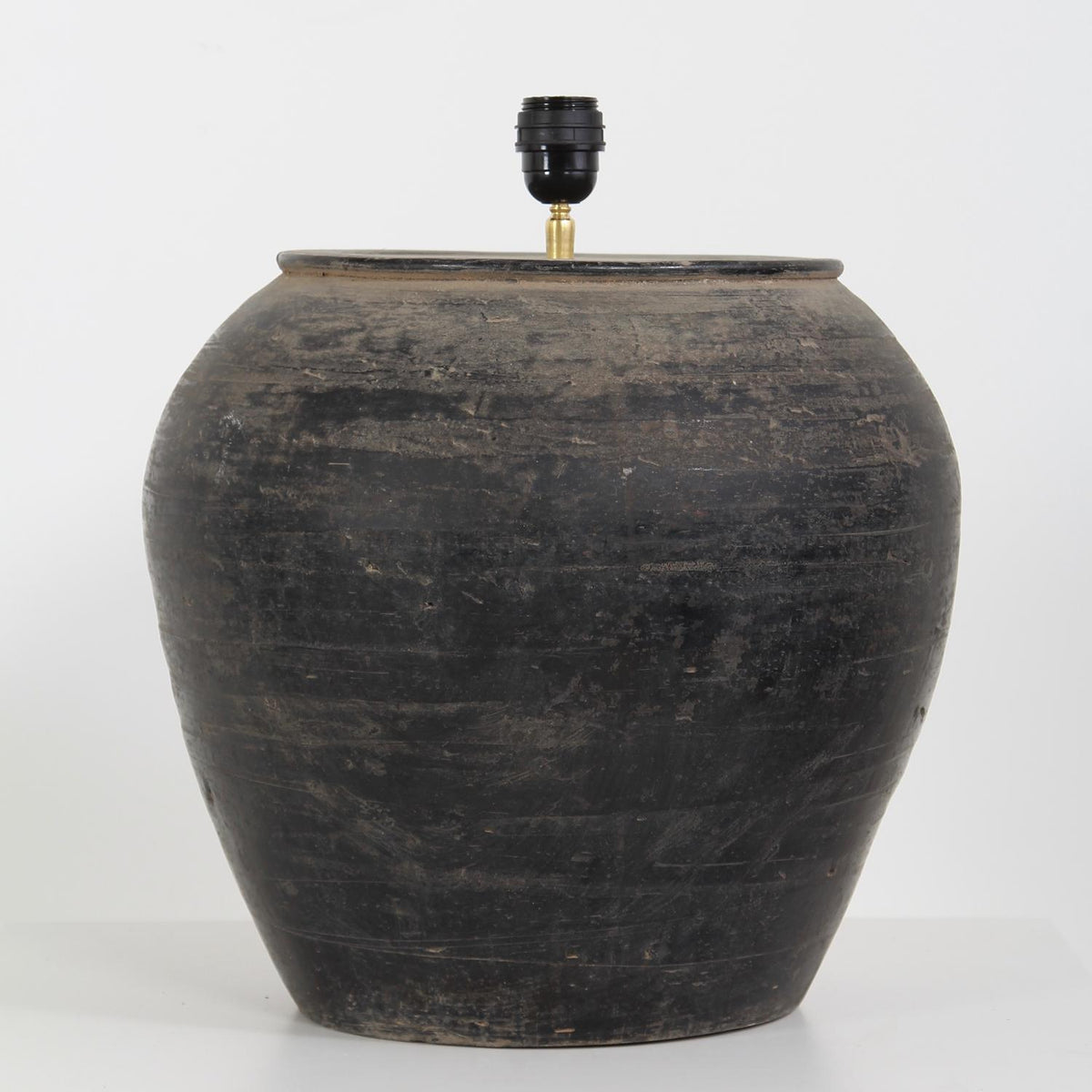 Large Chinese Storage Jar Converted Lamp with Natural Linen Shade