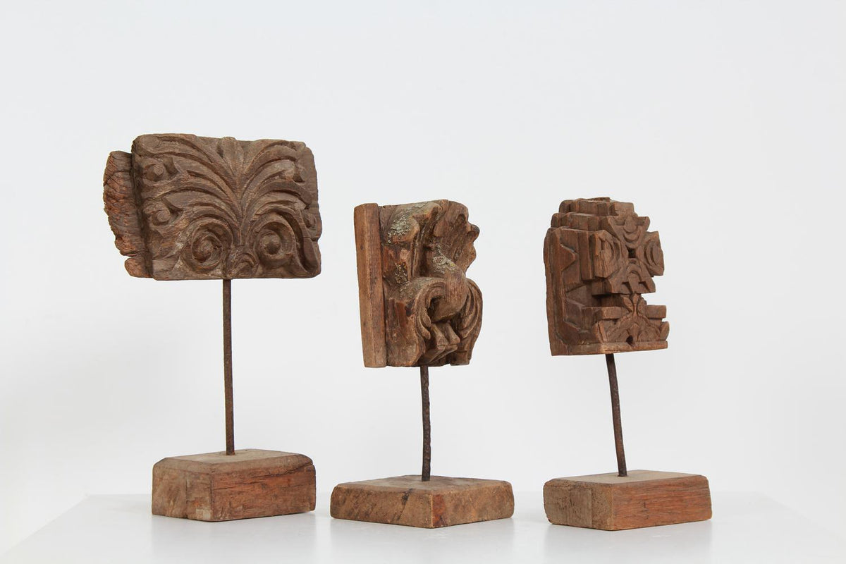 THREE BEAUTIFULLY CARVED WOOD  19THC TEMPLE FRAGMENTS