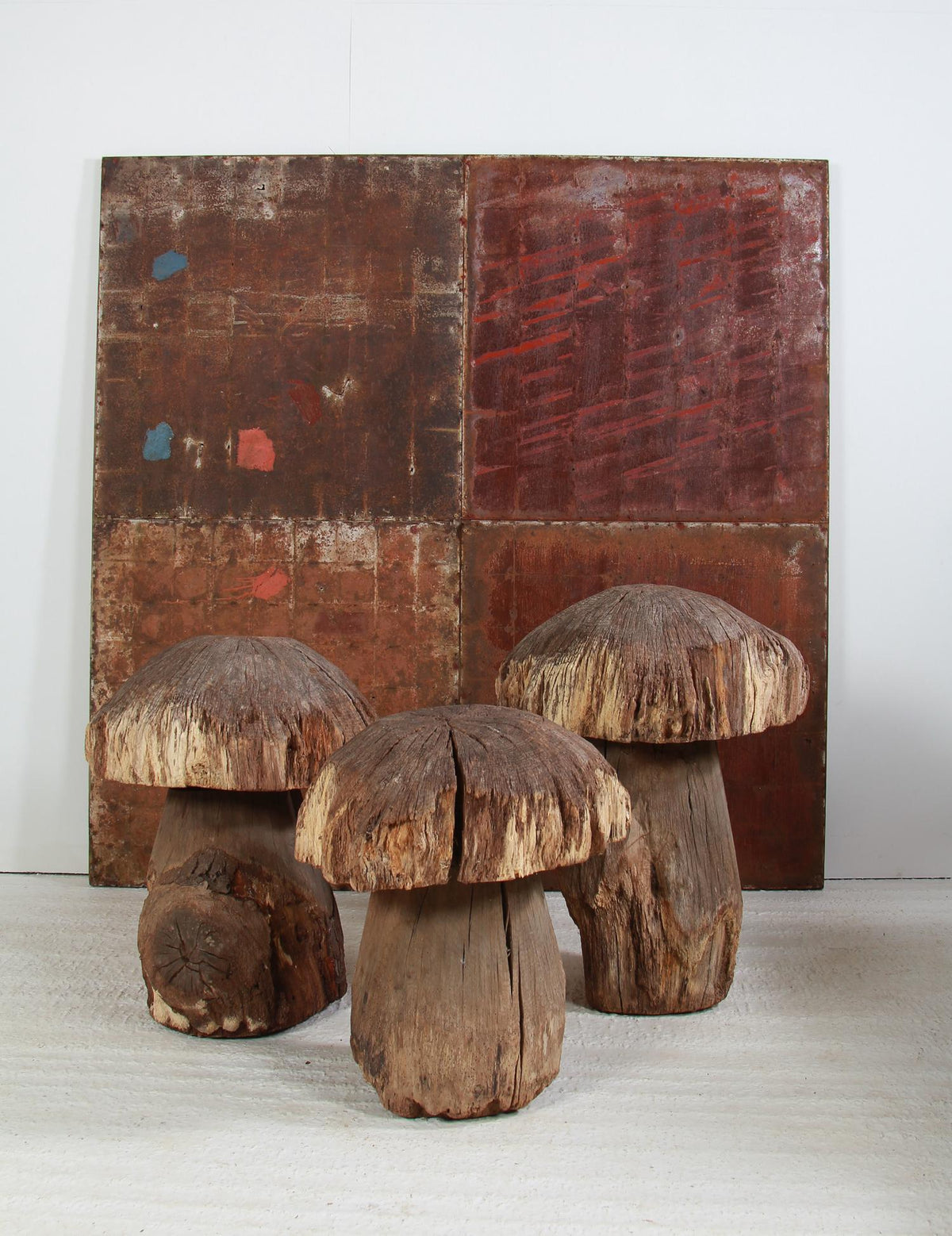 Collection of Three  Large Architectural Wooden Mushrooms