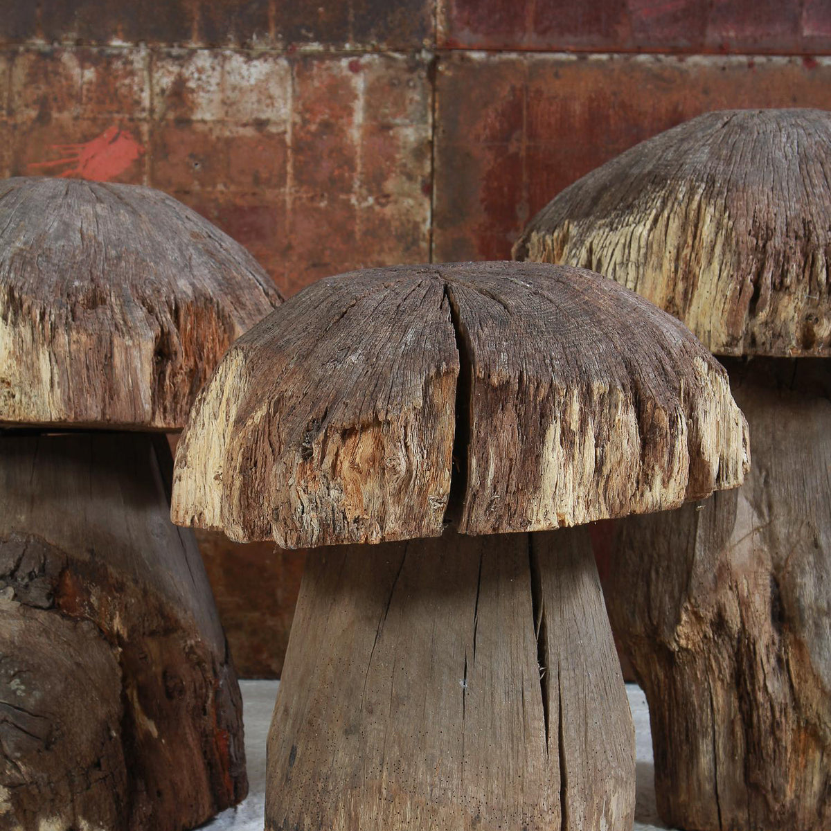 Collection of Three  Large Architectural Wooden Mushrooms