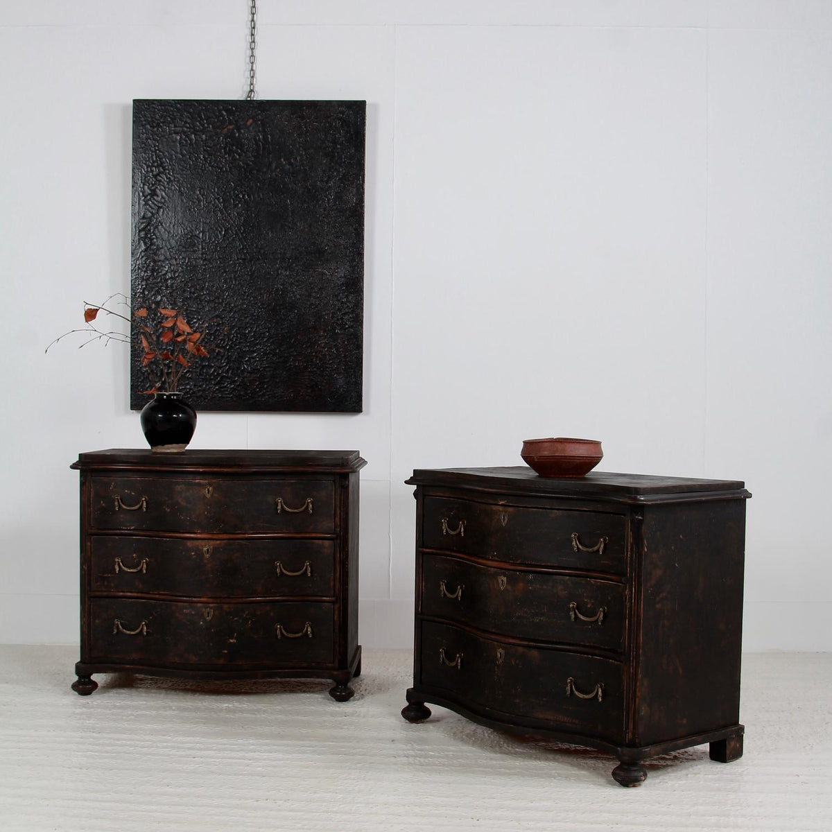 Exceptional Pair of Swedish 19thC  Black Painted Serpentine Commodes