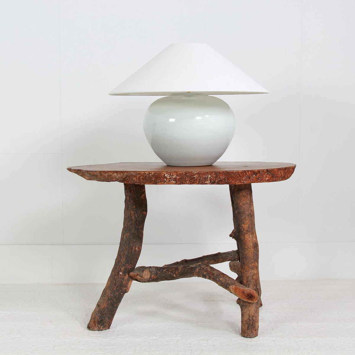 CONTEMPORARY WHITE GLAZED CERAMIC  POT LAMP WITH LINEN SHADE