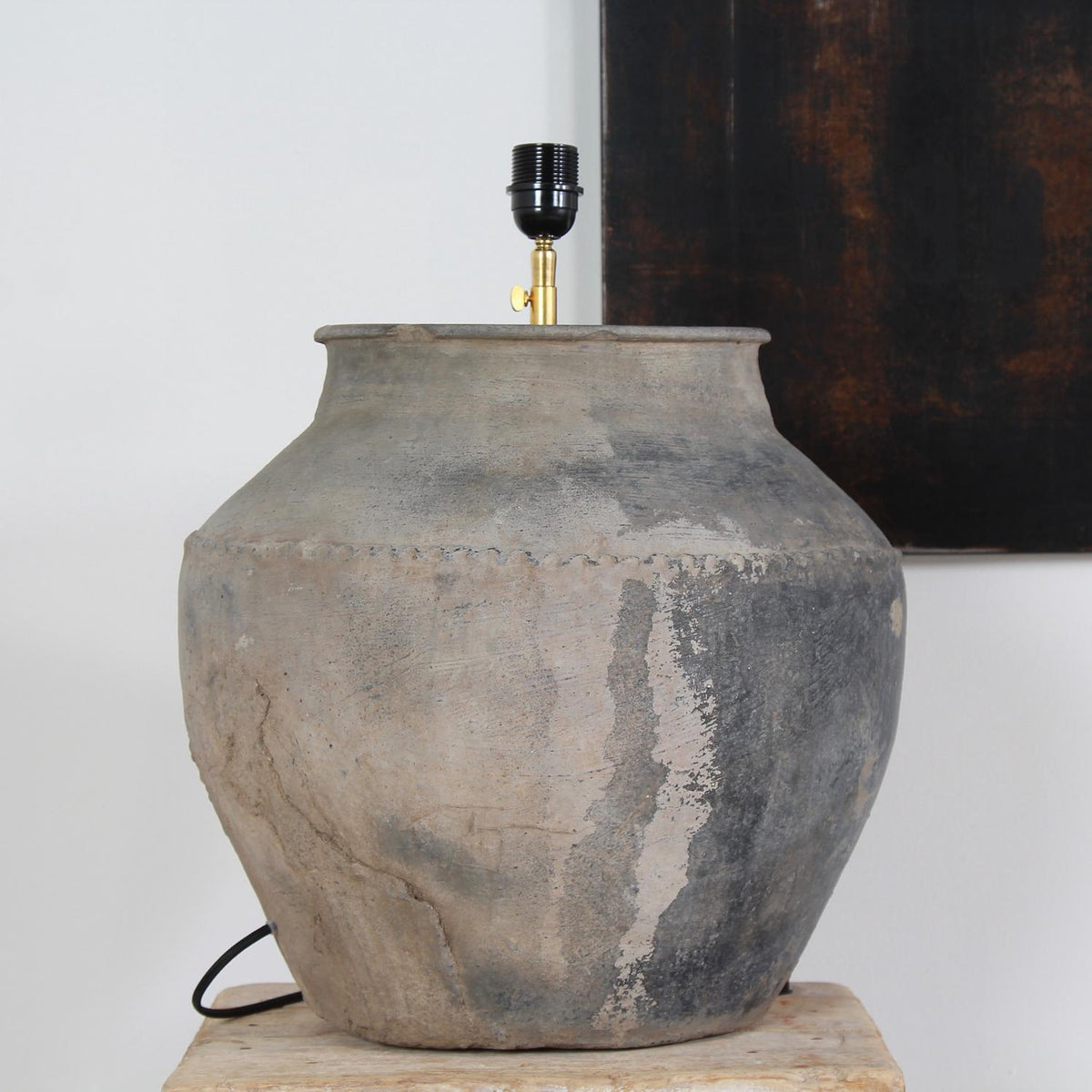 XXL Rustic Antique  Pottery Lamp with Drum Linen Shade