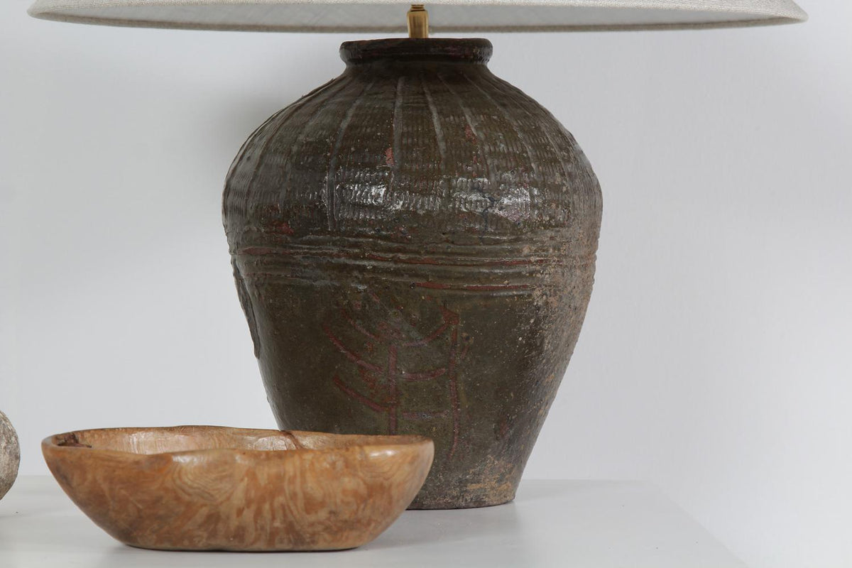 Antique Glazed Olive Green Egg Vase Lamp with Shade