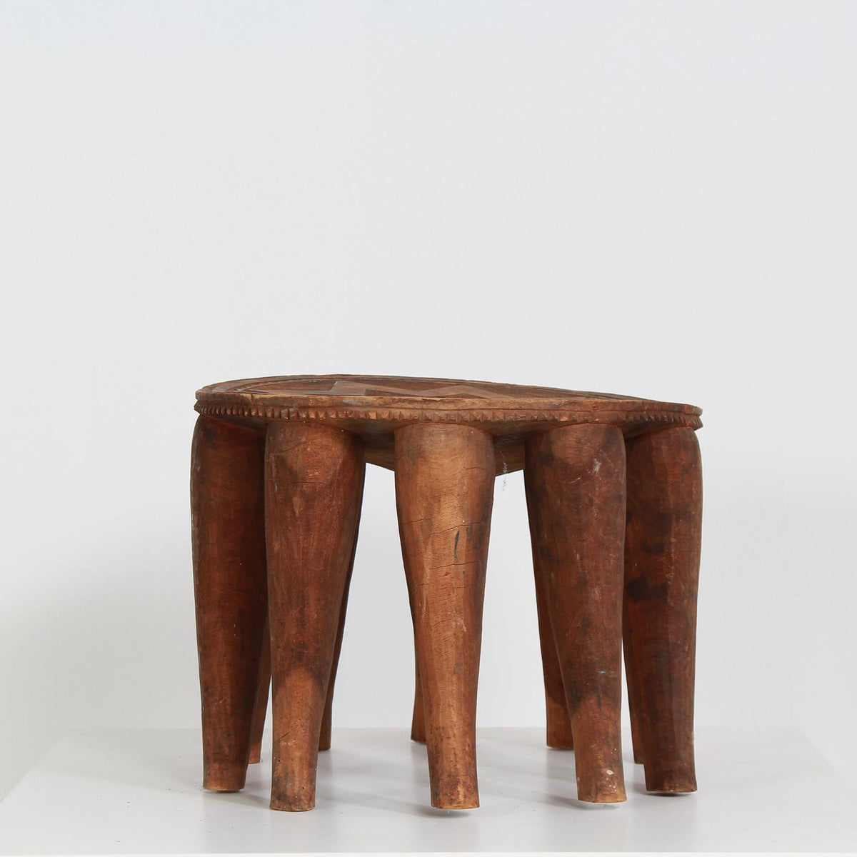 African Tribal Nupe Stool Carved Top With Star & Interlaced Designs