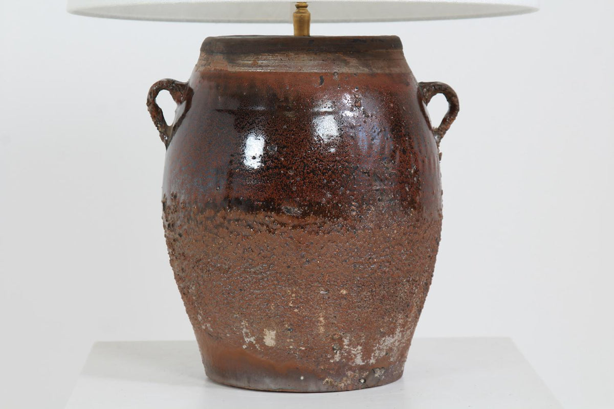 AUTHENTIC GLAZED TERRACOTTA JAR TABLE LAMP WITH LINEN DRUM SHADE