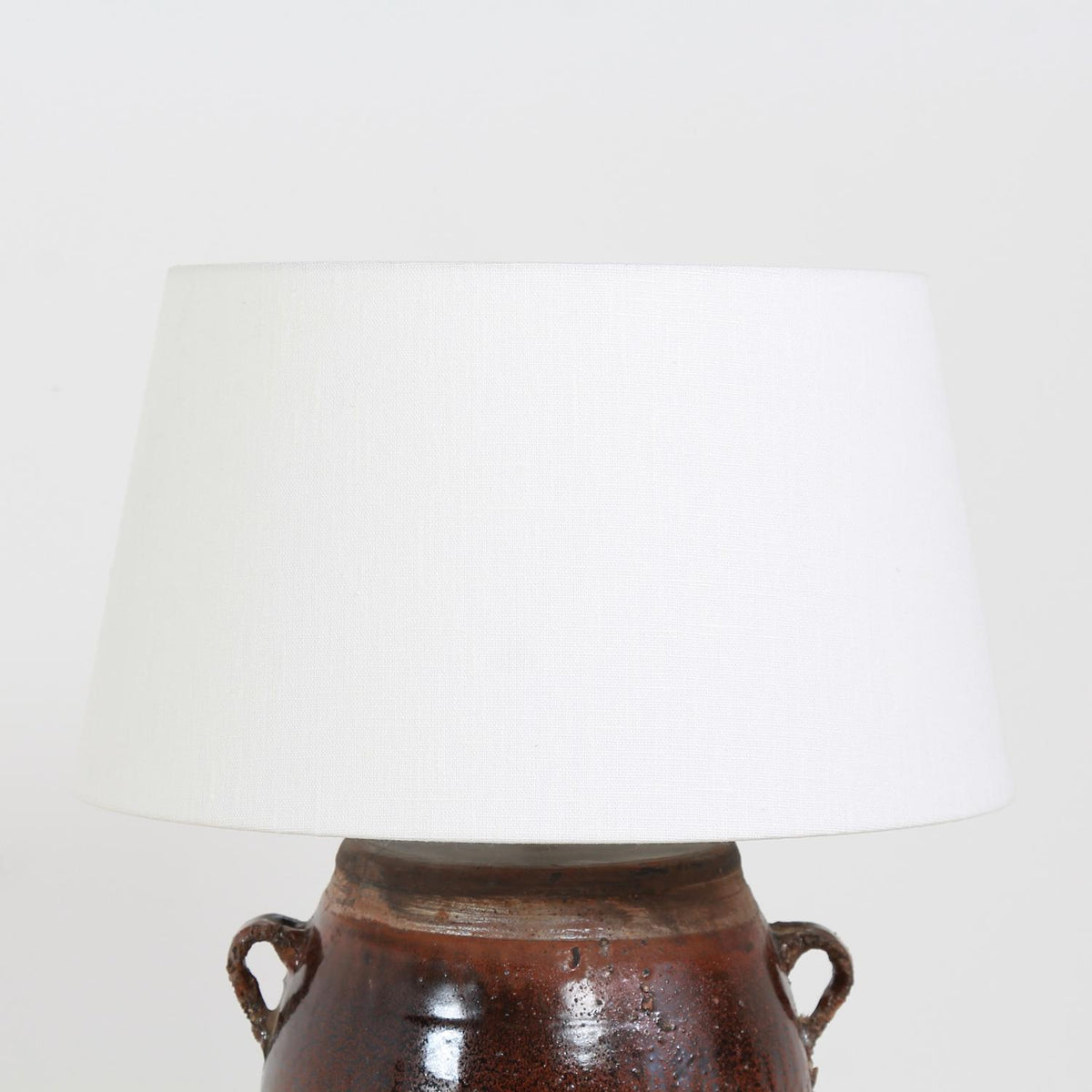 AUTHENTIC GLAZED TERRACOTTA JAR TABLE LAMP WITH LINEN DRUM SHADE