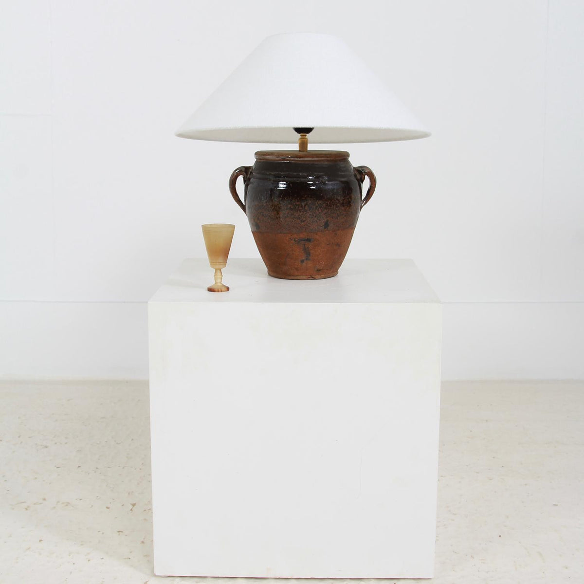 AUTHENTIC SMALL  GLAZED TERRACOTTA JAR TABLE LAMP WITH LINEN SHADE