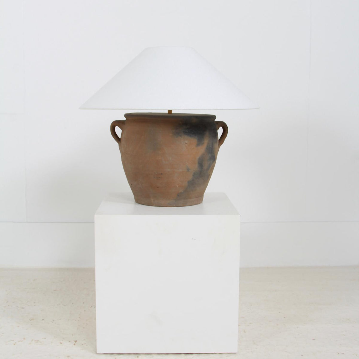 RUSTIC CHINESE TERRACOTTA TABLE LAMP WITH WHITE LINEN EMPIRE SHADE