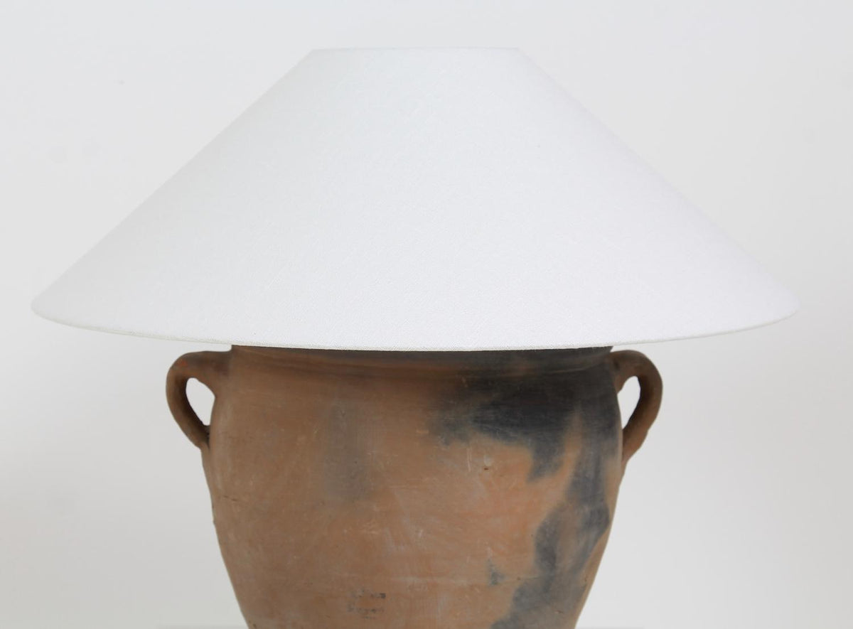 RUSTIC CHINESE TERRACOTTA TABLE LAMP WITH WHITE LINEN EMPIRE SHADE
