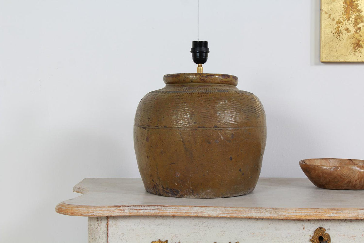 Authentic  Chinese Ceramic Water Pot Converted into Lamp with Shade