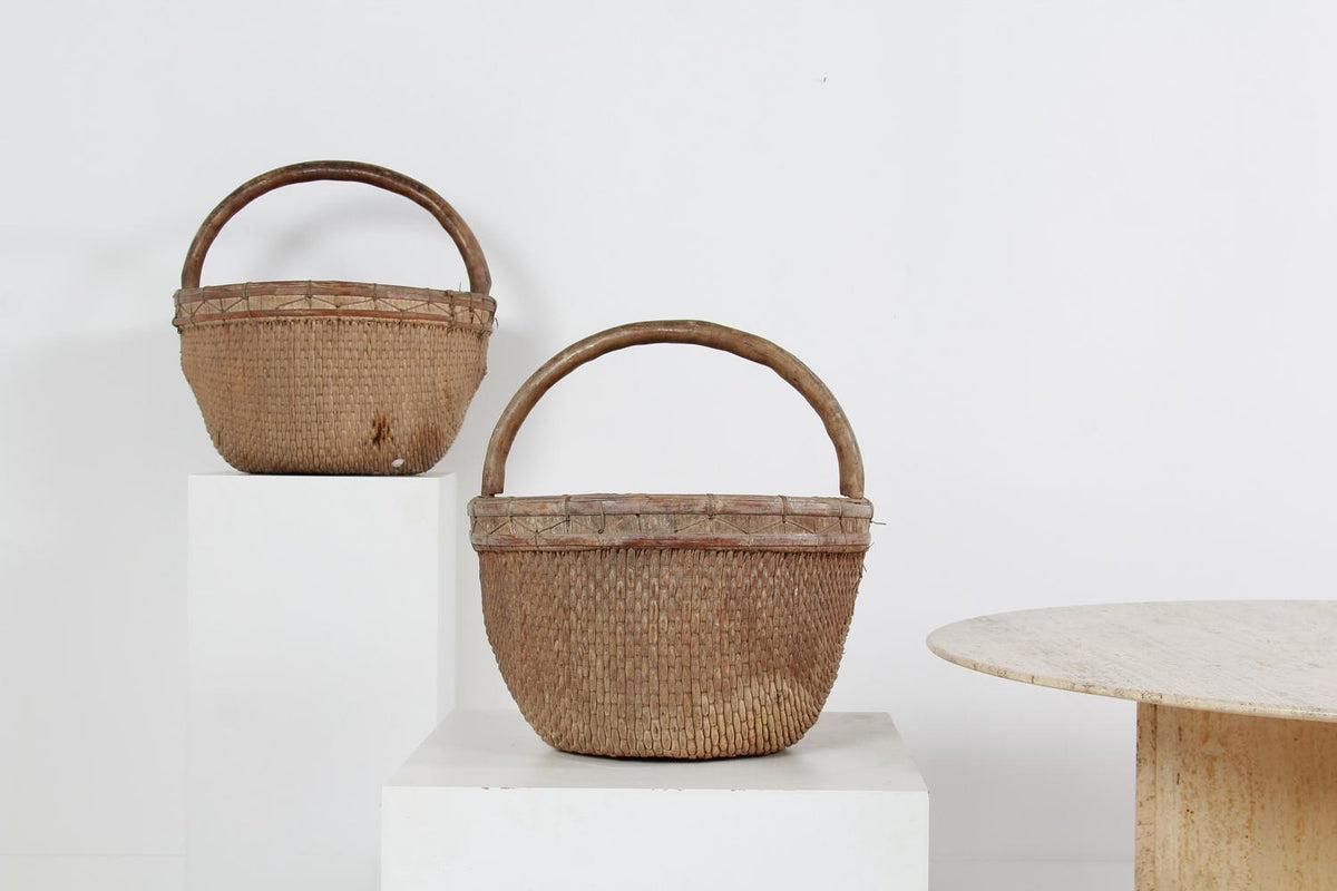 Charming Antique Country Willow Baskets with Tree Branch Handles