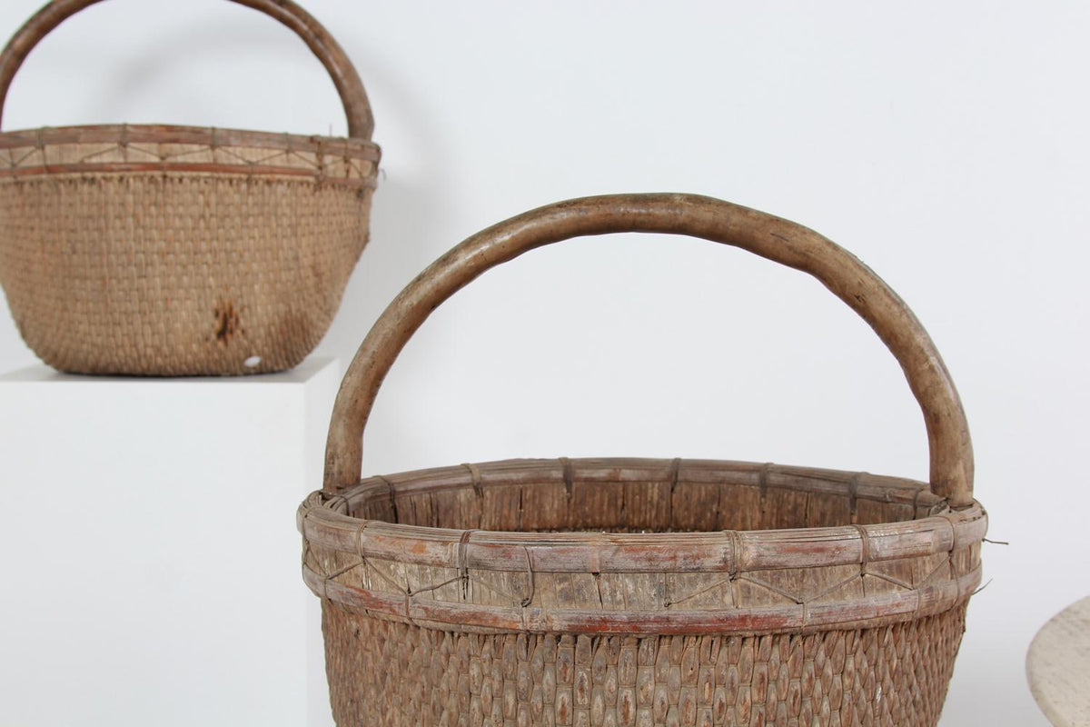 Charming Antique Country Willow Baskets with Tree Branch Handles
