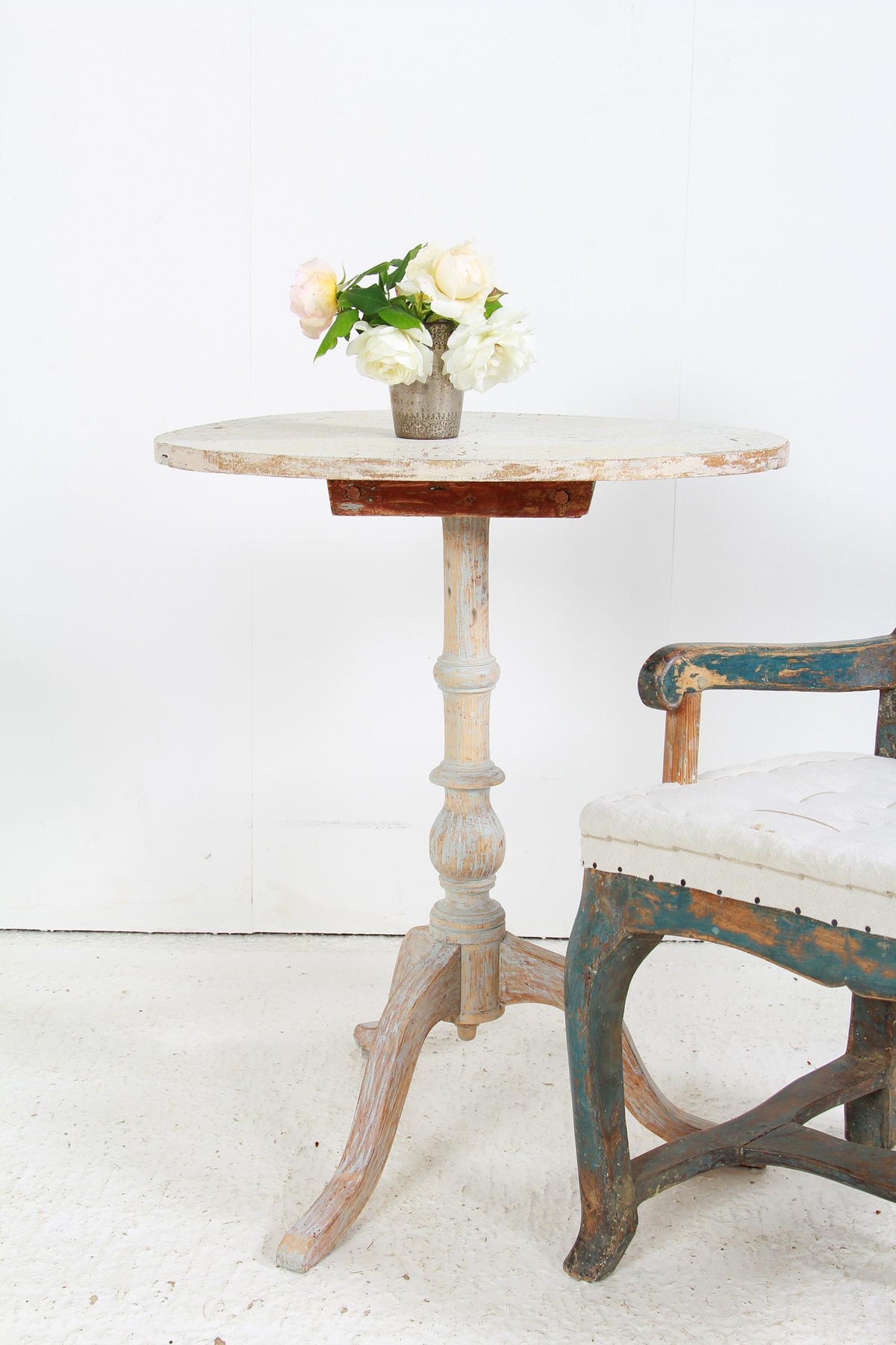 Swedish Oval Pedestal Table with Worn White Paint