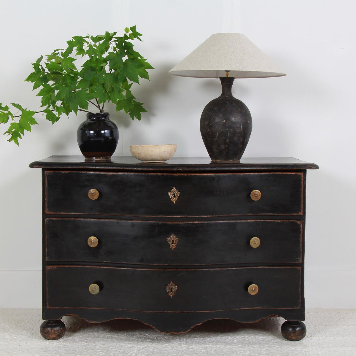 Striking French 19thC Black Painted Serpentine Commode