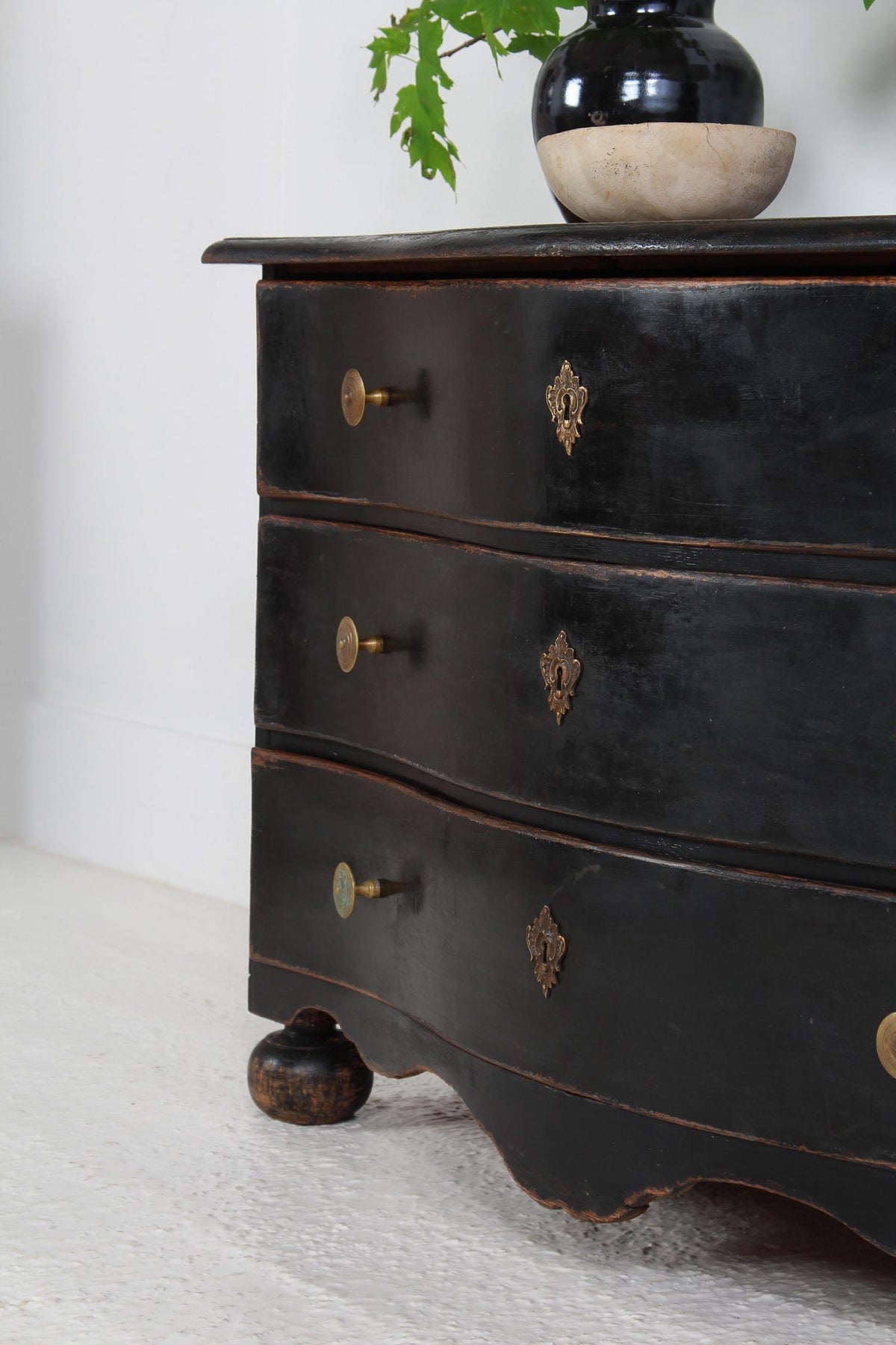 Striking French 19thC Black Painted Serpentine Commode