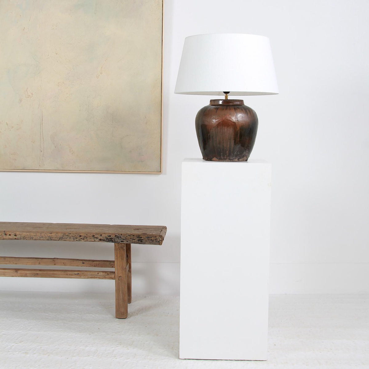UNIQUE ANTIQUE  GLAZED CERAMIC TABLE LAMP WITH BELGIUM LINEN DRUM  SHADE