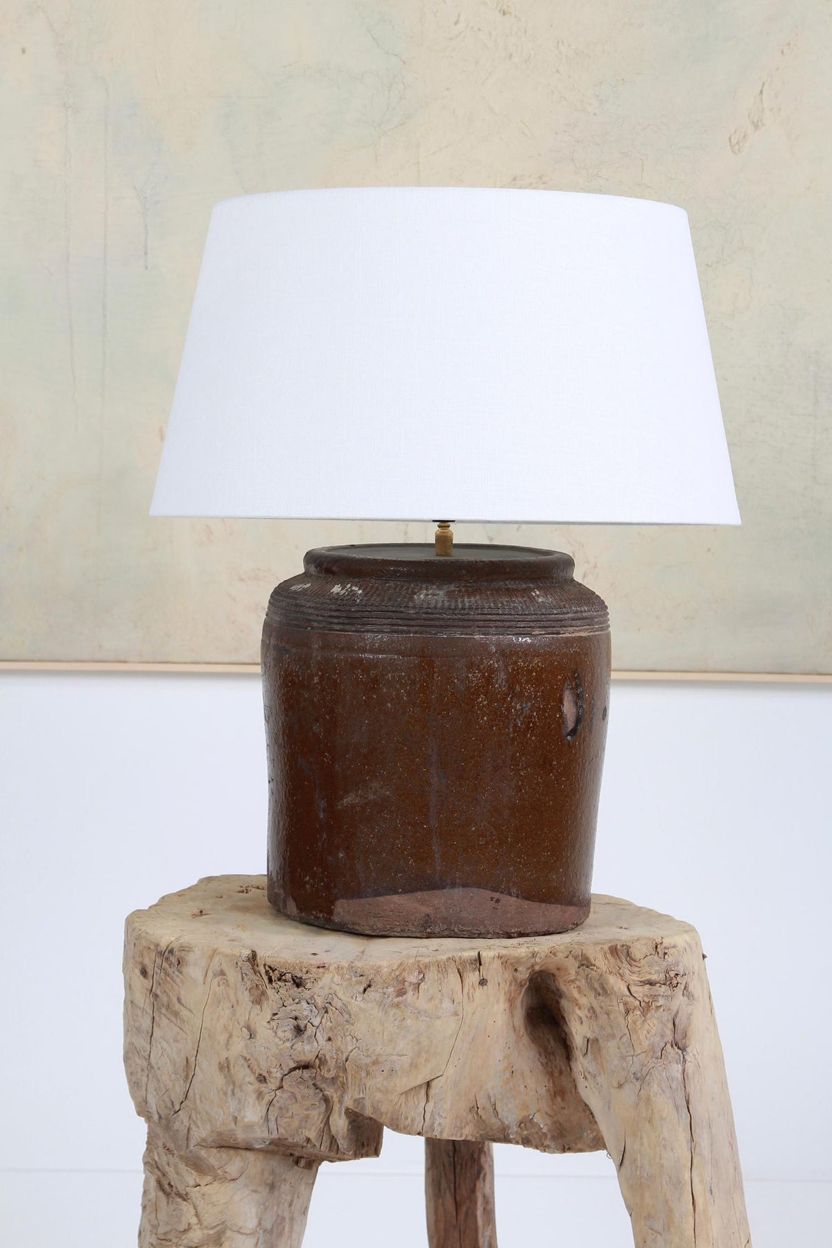 ANTIQUE  CERAMIC WATER POT CONVERTED INTO TABLE LAMP WITH SHADE