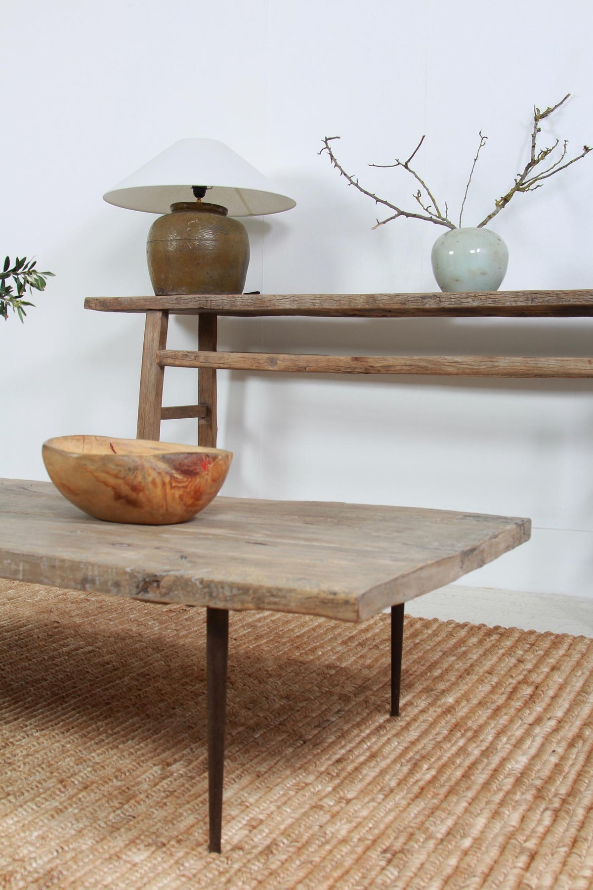 Large Stylish Elm Early 20thC Coffee Table with Metal Legs