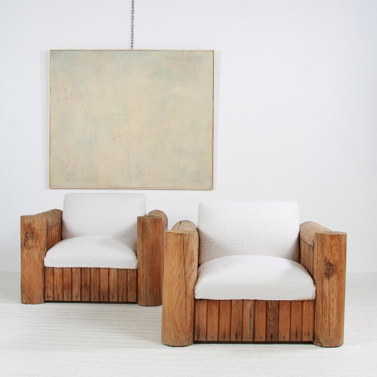 MAGNIFICENT PAIR OF XL ALPINE ARMCHAIRS UPHOLSTERED IN BOUCLE FABRIC