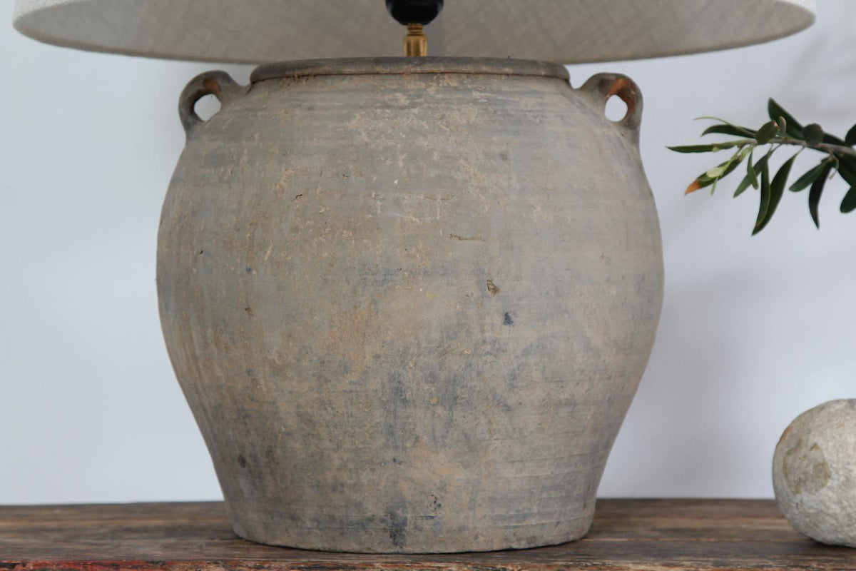 Rustic Unglazed Pottery Lamp with Natural Linen Drum Shade