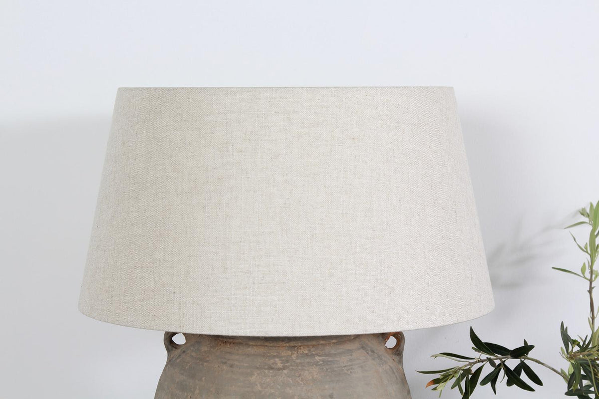 Rustic Unglazed Pottery Lamp with Natural Linen Drum Shade