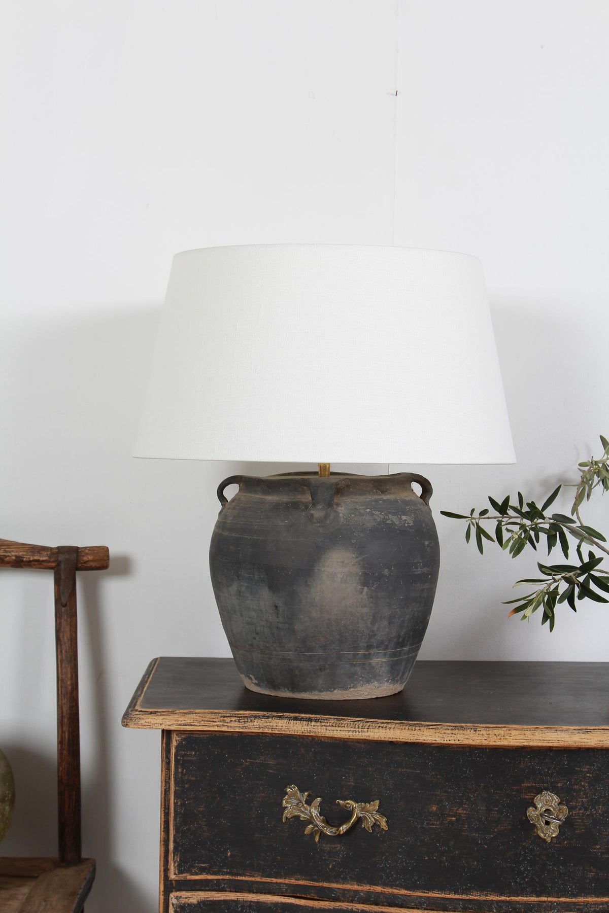 Authentic Ceramic Table Lamp with White Linen Drum Shade