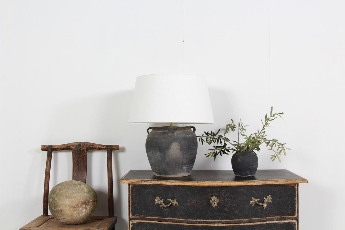 Authentic Ceramic Table Lamp with White Linen Drum Shade