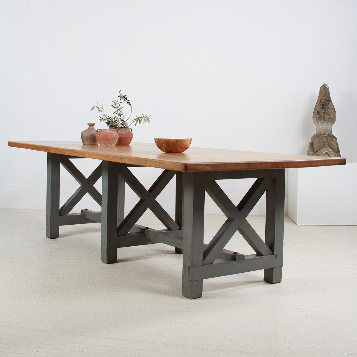 Massive Oak 20thC X- Frame Refectory Dining Table with Painted Base