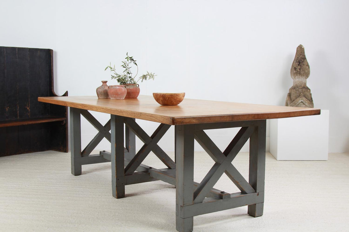 Massive Oak 20thC X- Frame Refectory Dining Table with Painted Base