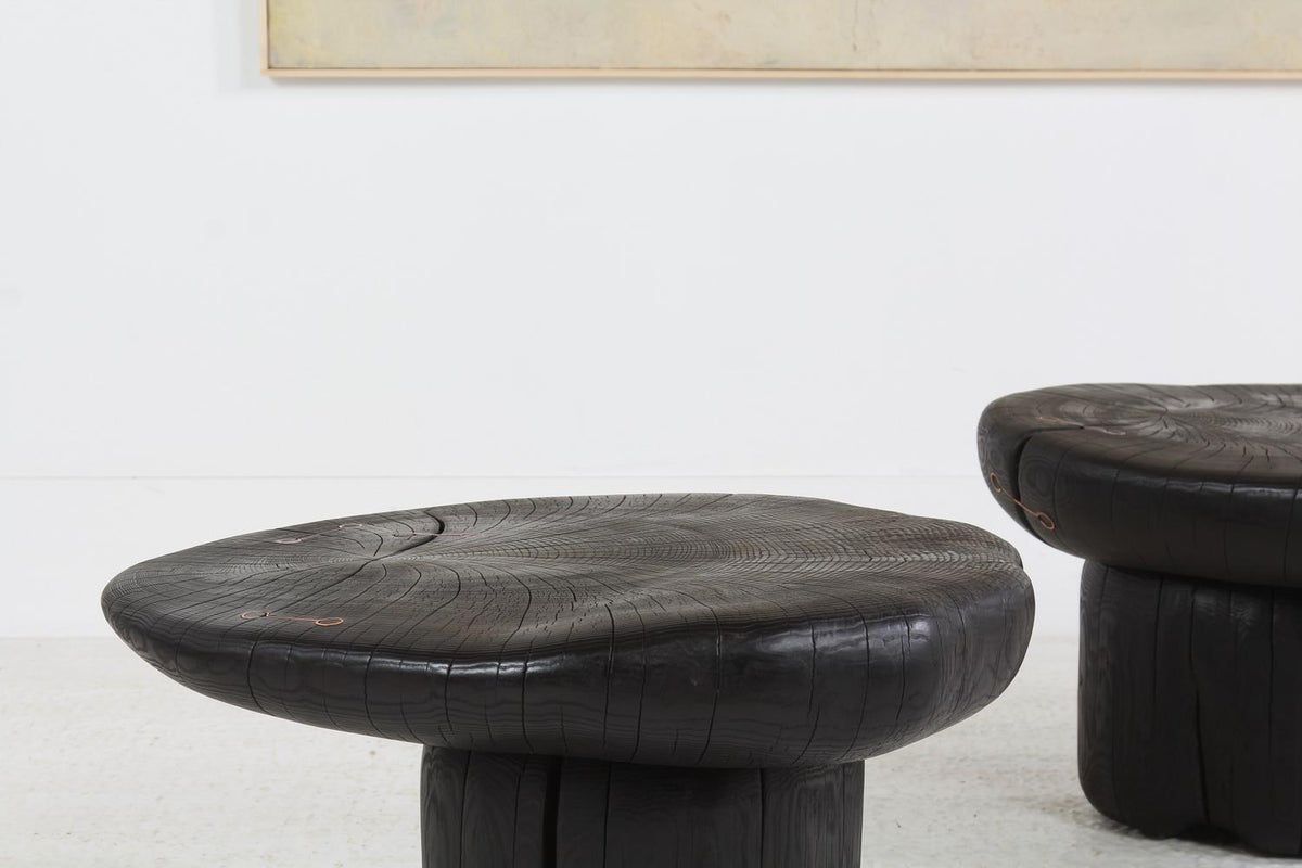 Pair of Comptemporary  Artisan Black Flat Top Skimming Stone Coffee Tables