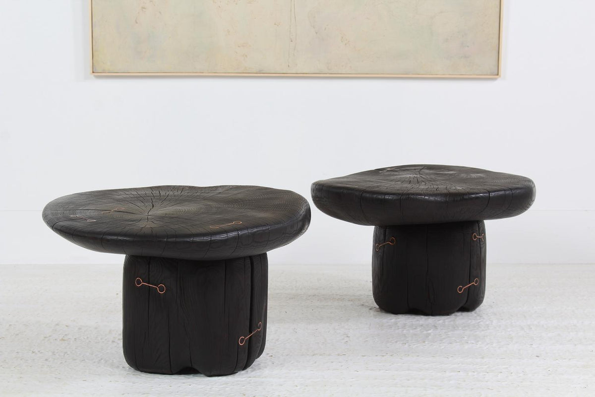 Pair of Comptemporary  Artisan Black Flat Top Skimming Stone Coffee Tables