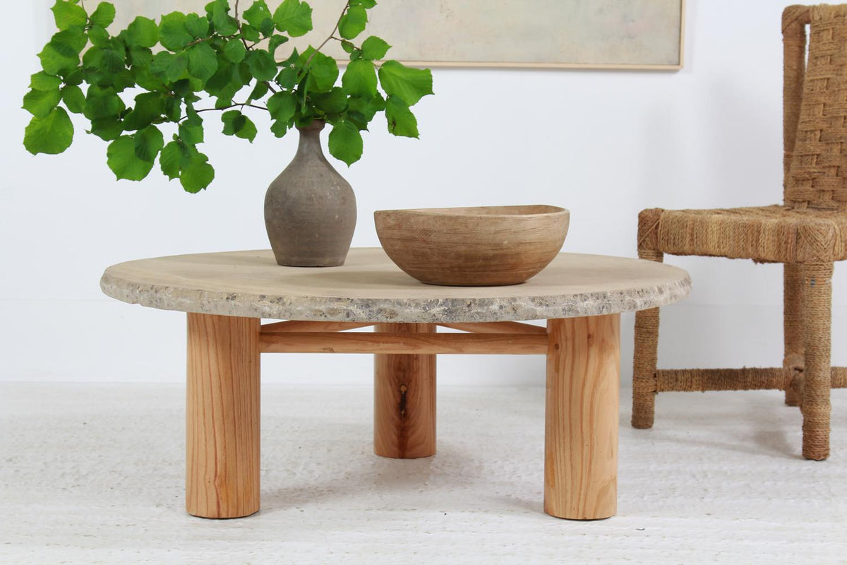Stunning Round Chestnut Coffee Table with Rustic Stone Top