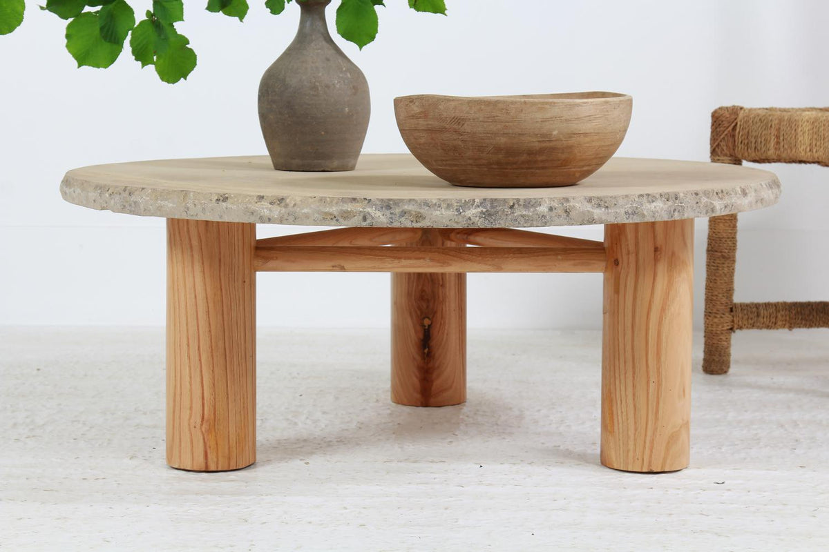 Stunning Round Chestnut Coffee Table with Rustic Stone Top