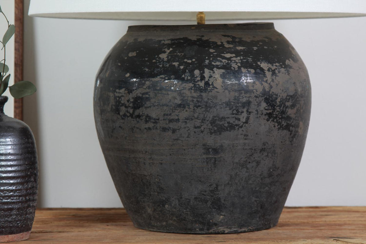CHINESE STORAGE JAR CONVERTED LAMP WITH WHITE  LINEN DRUM SHADE