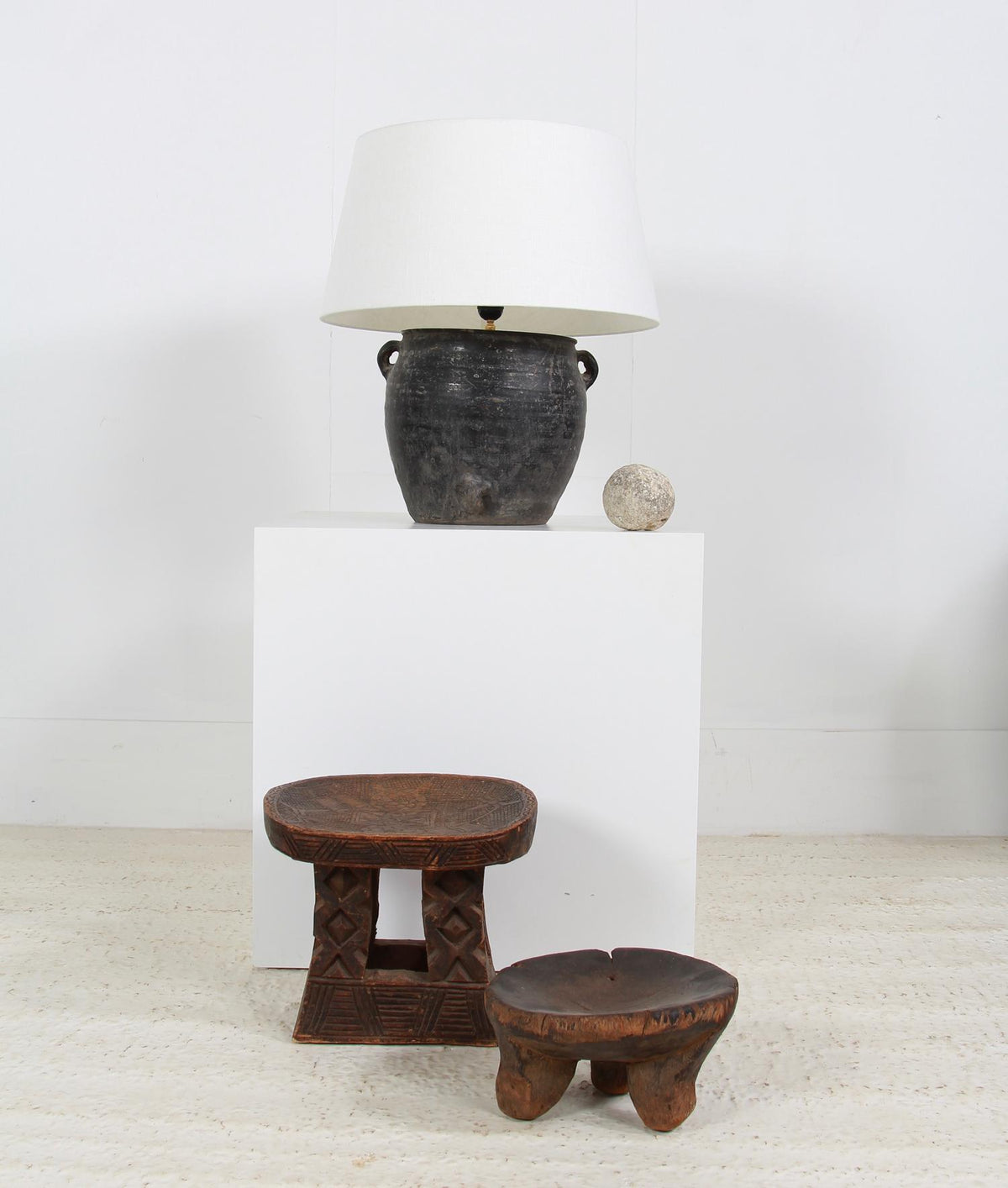 STYLISH BLACK  POTTERY LAMP WITH WHITE LINEN DRUM SHADE