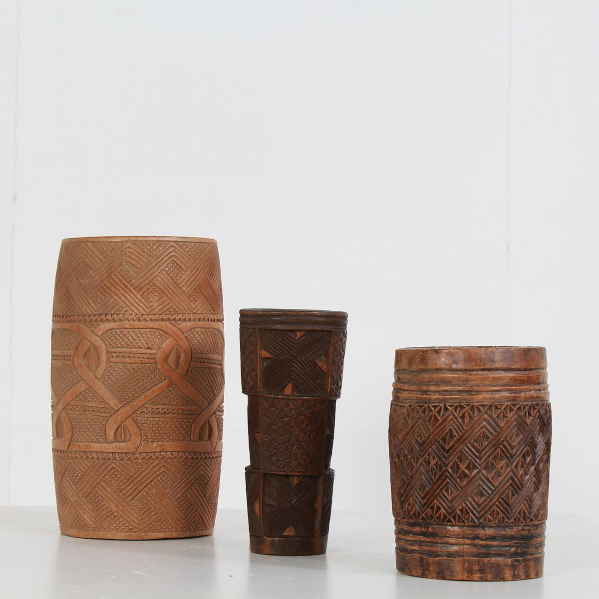 Set of Three African Carved Tribal Kuba Wooden Vessels
