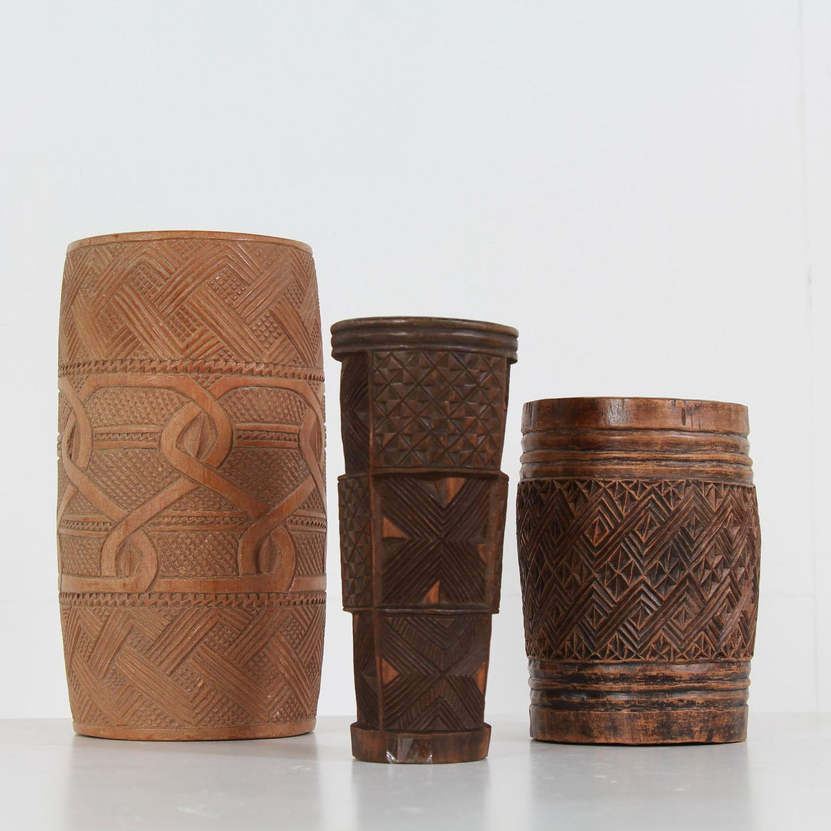 Set of Three African Carved Tribal Kuba Wooden Vessels
