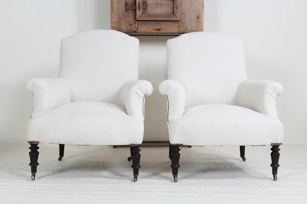 Beautiful Pair of French 19thC  Armchairs in Antique Linen