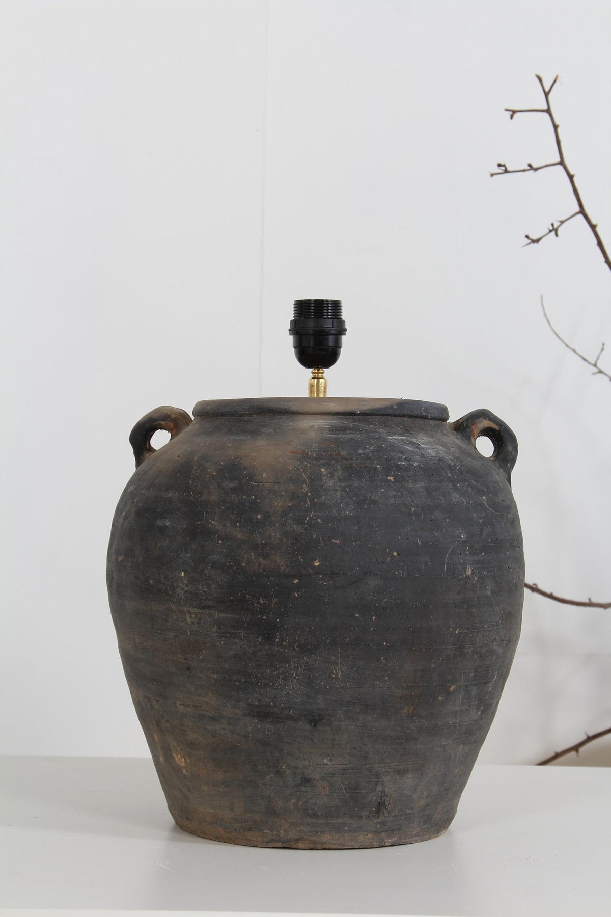 AUTHENTIC UNGLAZED STORAGE JAR CONVERTED Into LAMP WITH NATURAL LINEN SHADE