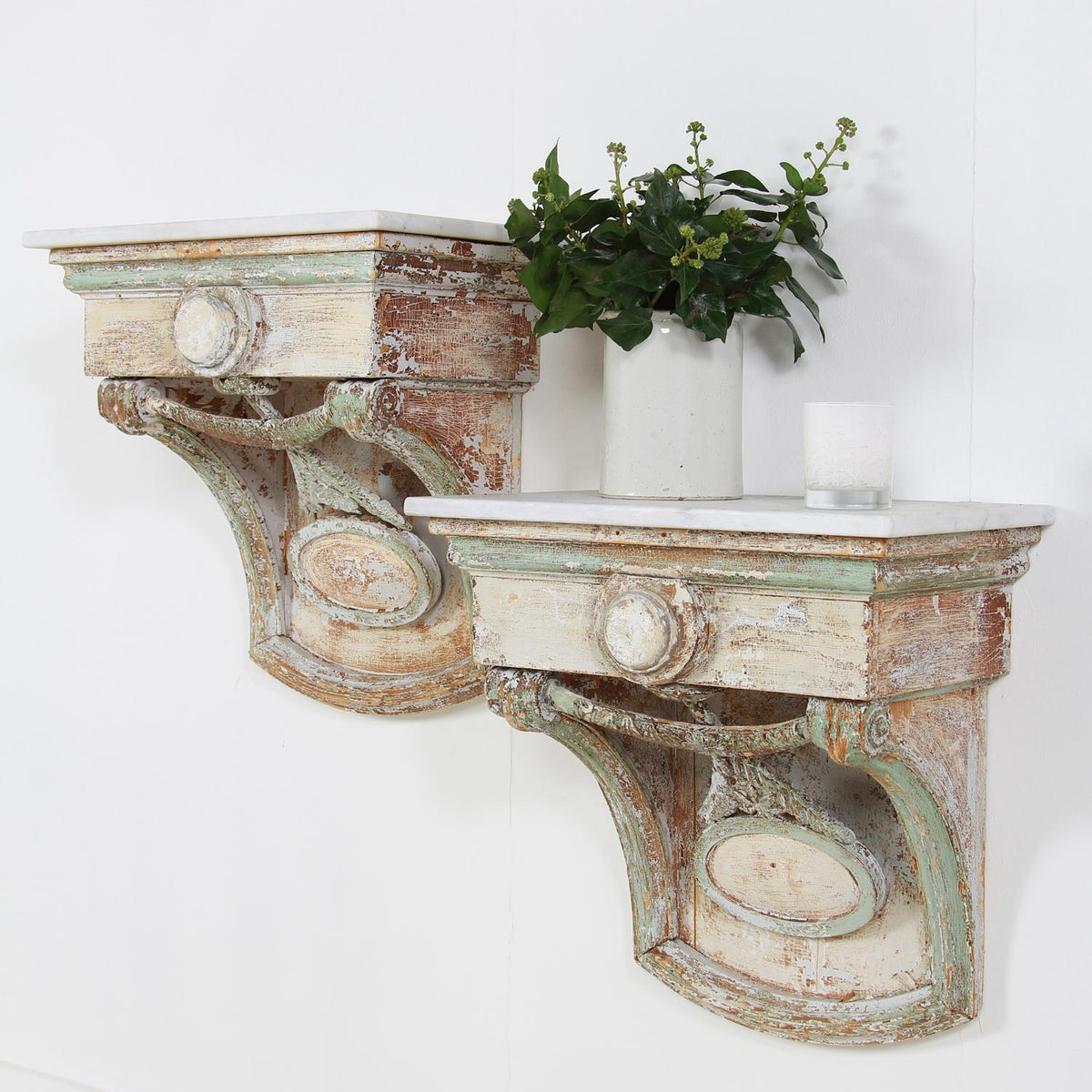 Pair of  French 19thC Decorative Marble and Wood Wall Mounted Consoles
