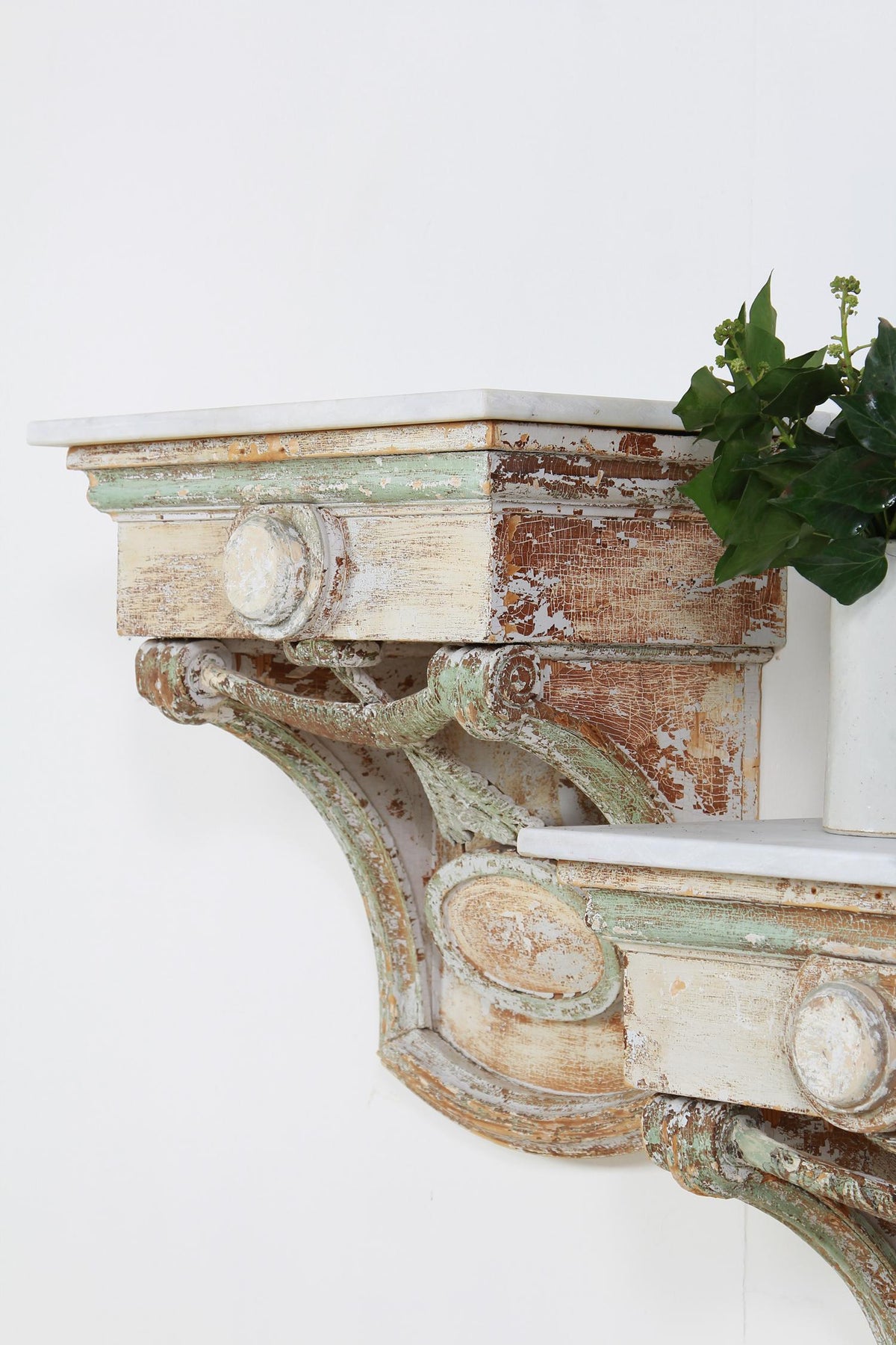 Pair of  French 19thC Decorative Marble and Wood Wall Mounted Consoles