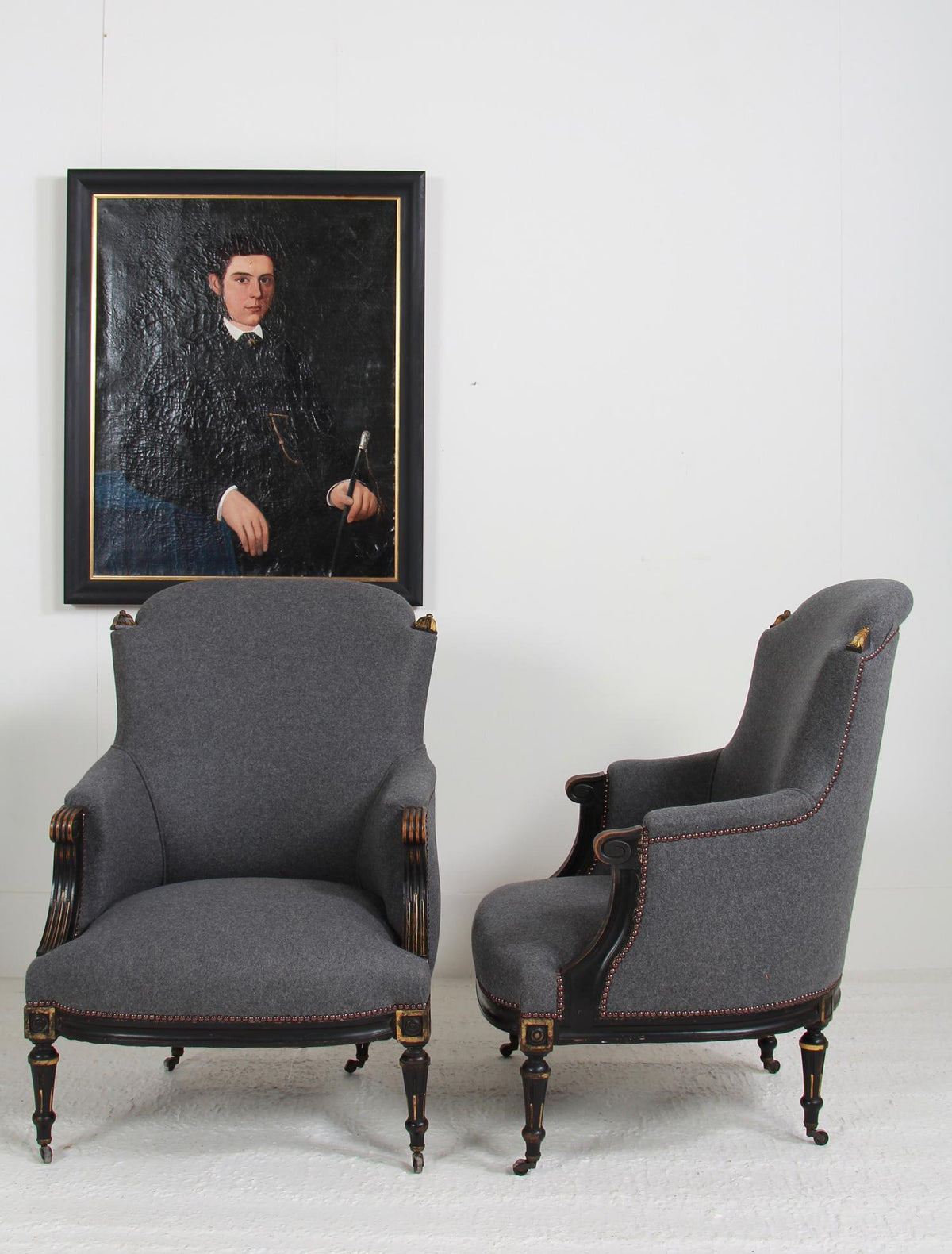 Pair of French 19thC Fauteuils in Grey Wool Fabric