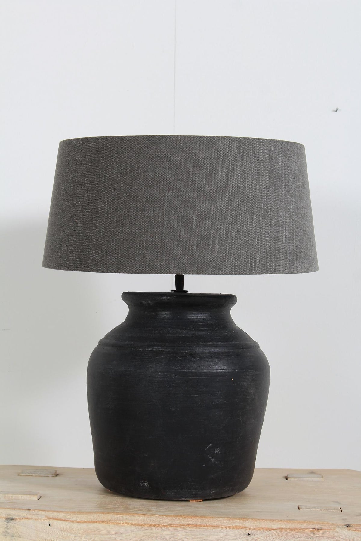 Stylish Black Ceramic Vase Lamp with Grey Linen  Shade