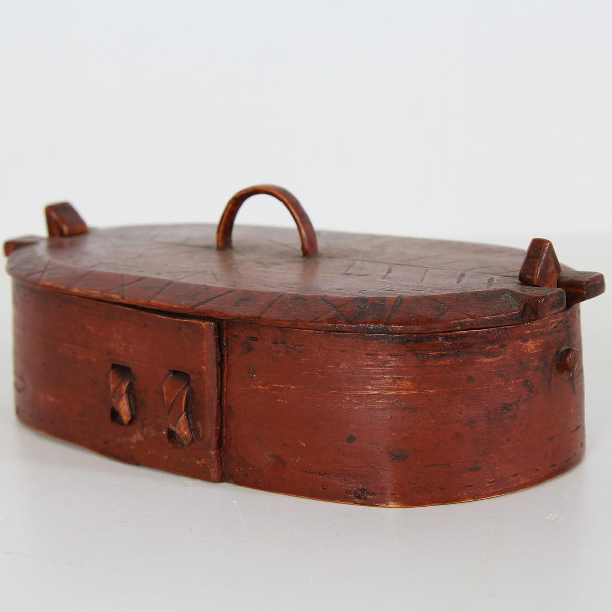 A VERY CHARMING SWEDISH 19THC BENTWOOD BOX IN ORIGINAL RED PAINT