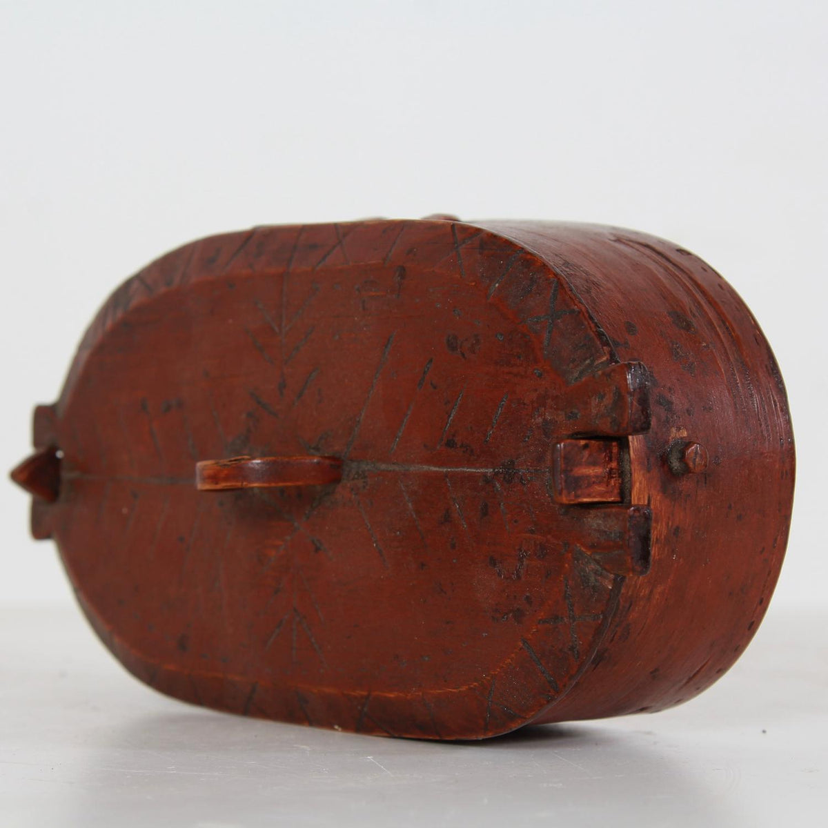 A VERY CHARMING SWEDISH 19THC BENTWOOD BOX IN ORIGINAL RED PAINT