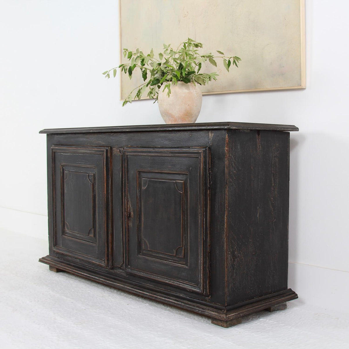 Striking Grand Italian  19thC Black Painted Two-Door Buffet with Marble Top